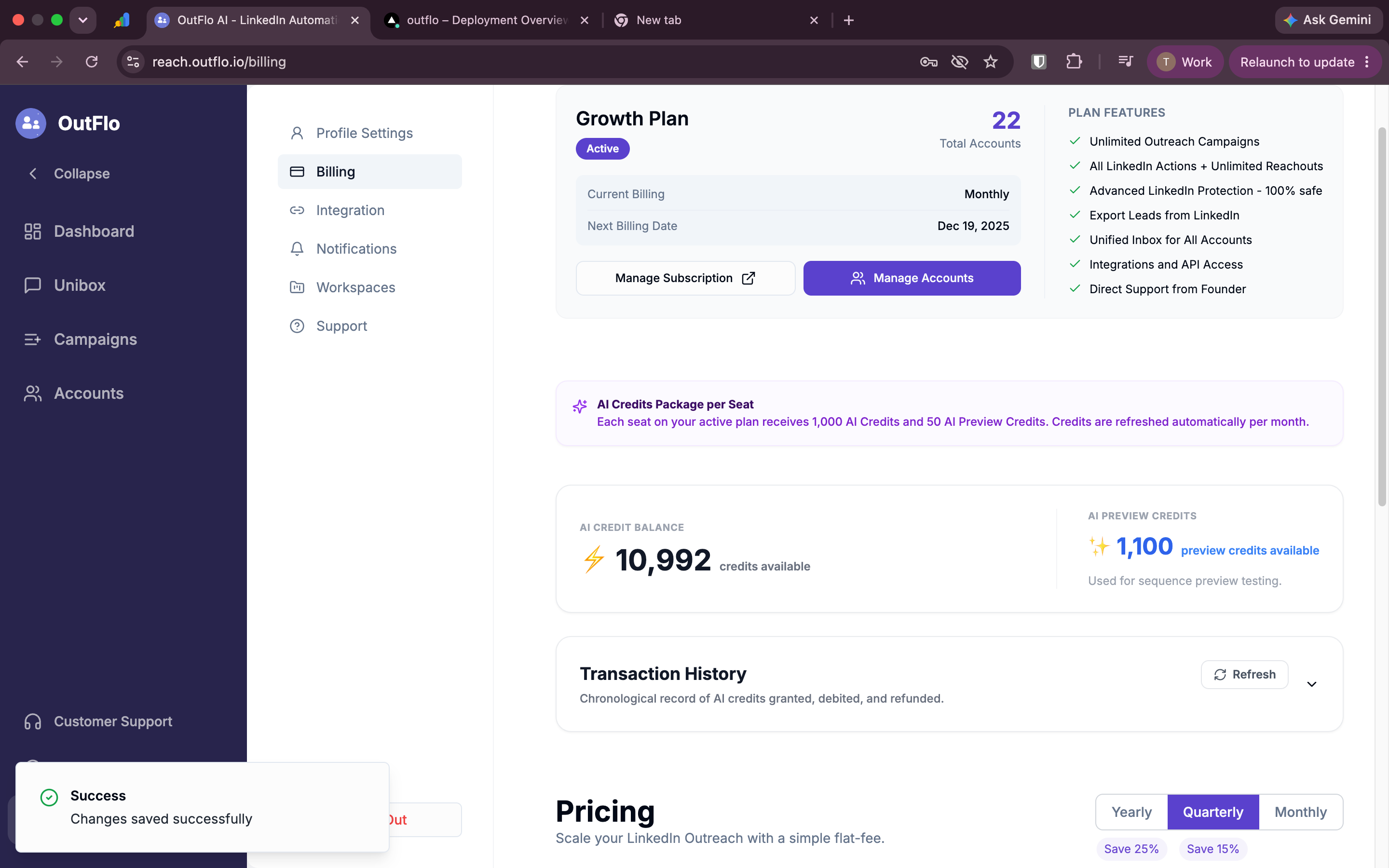 OutFlo Billing page showing AI Credit Balance and AI Preview Credits