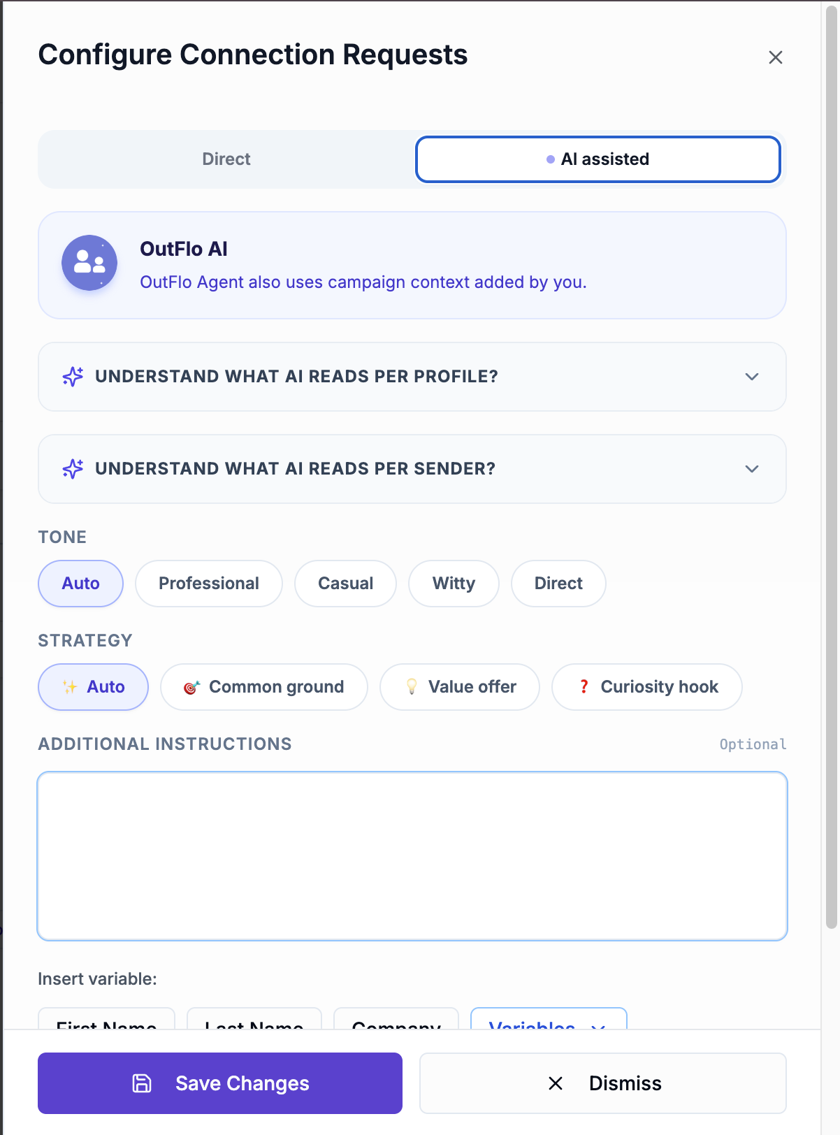 Configure Connection Requests panel with AI assisted mode selected, showing OutFlo AI options