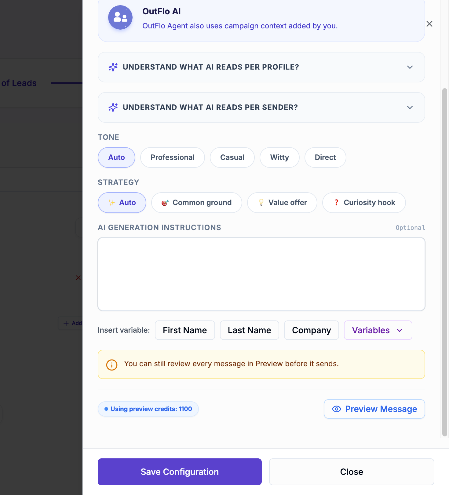AI assisted campaign configuration showing preview credits and Preview Message button