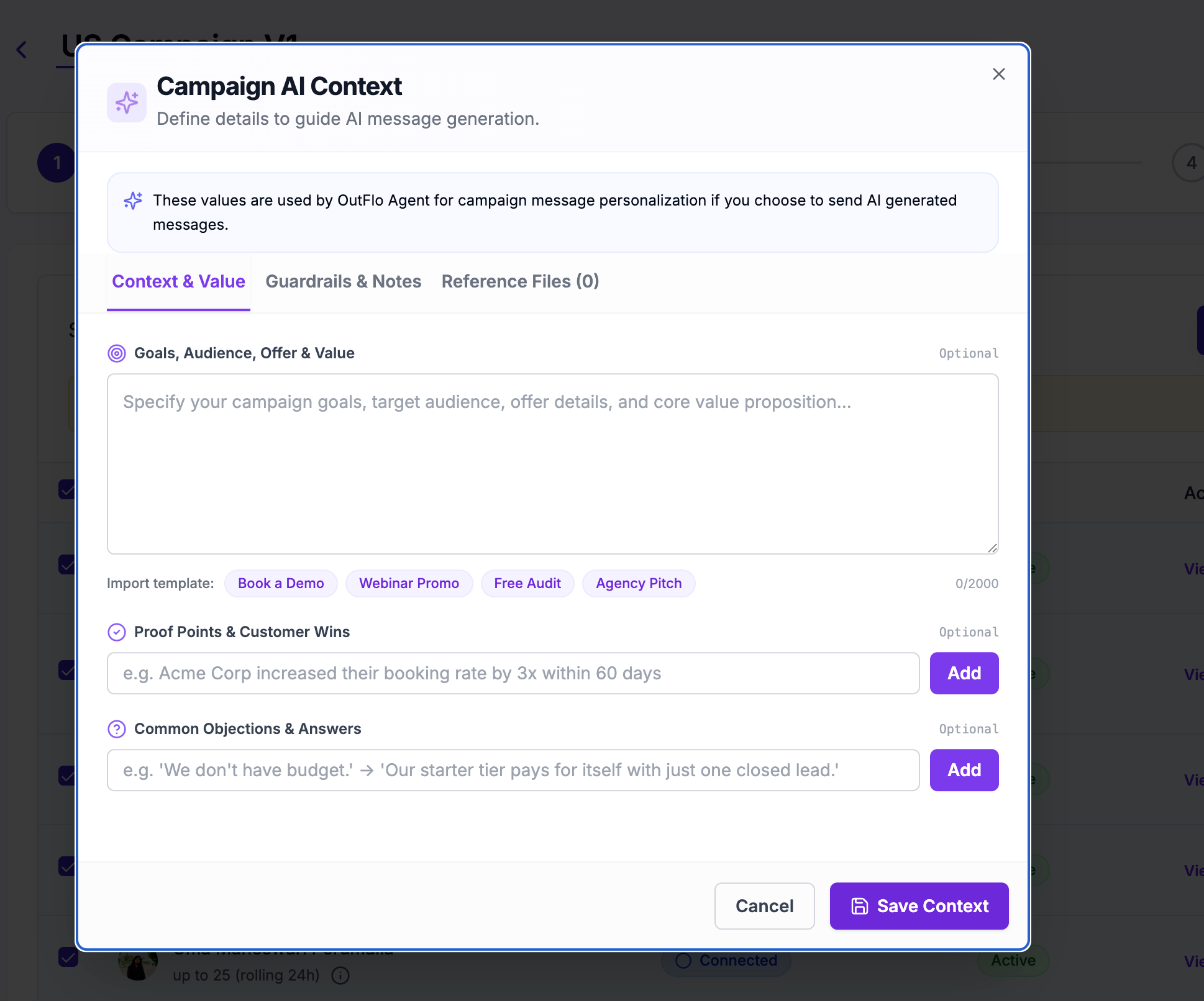 Campaign AI Context modal — Context & Value tab (empty state)