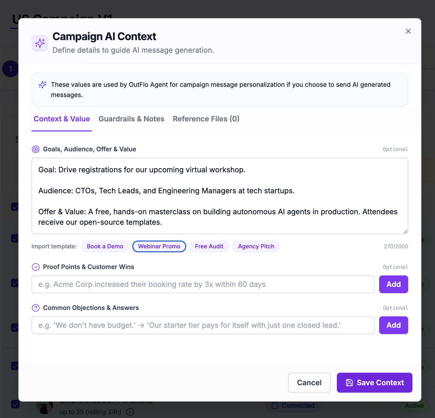 Campaign AI Context modal filled with Webinar Promo template content