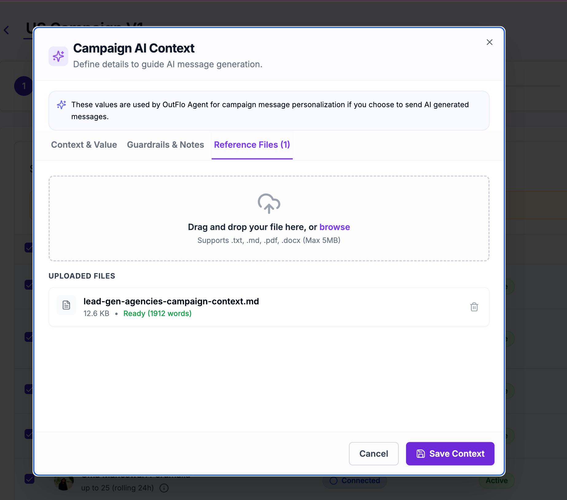 Campaign AI Context — Reference Files tab with an uploaded markdown file