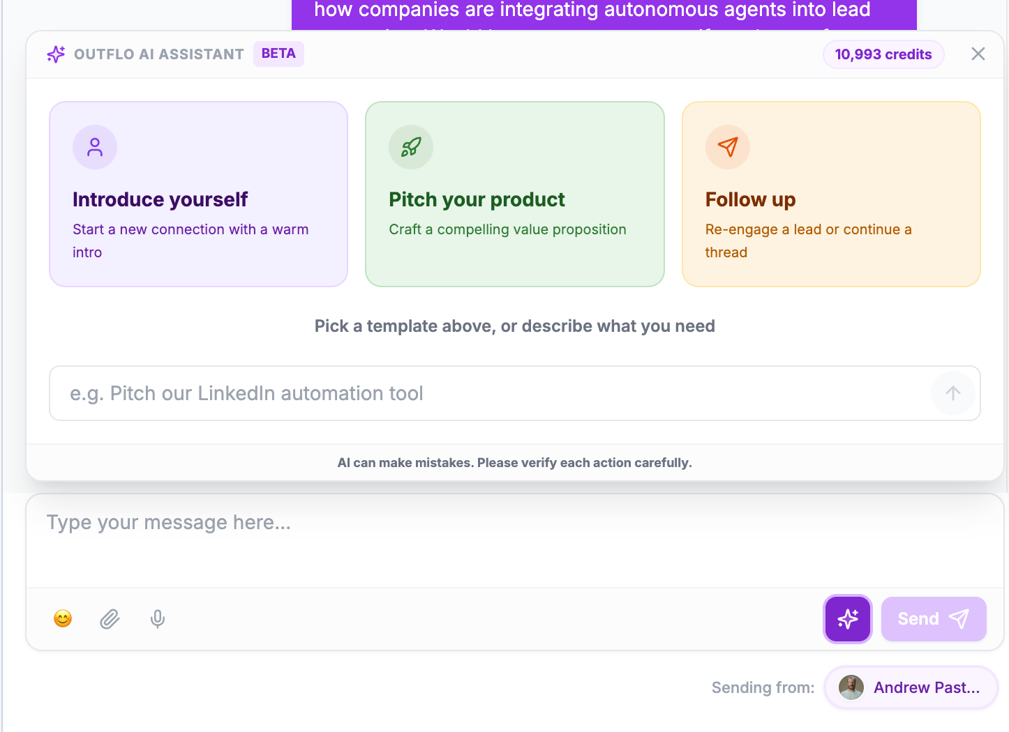 OutFlo AI Assistant panel with three templates: Introduce yourself, Pitch your product, Follow up