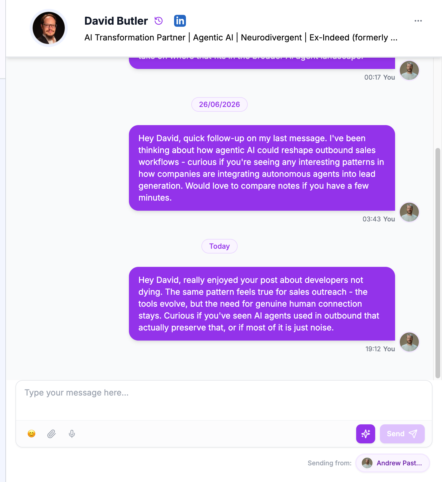 OutFlo Unibox conversation view showing message thread with a prospect