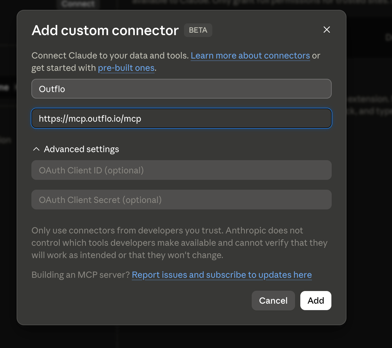 Prefilled custom connector dialog