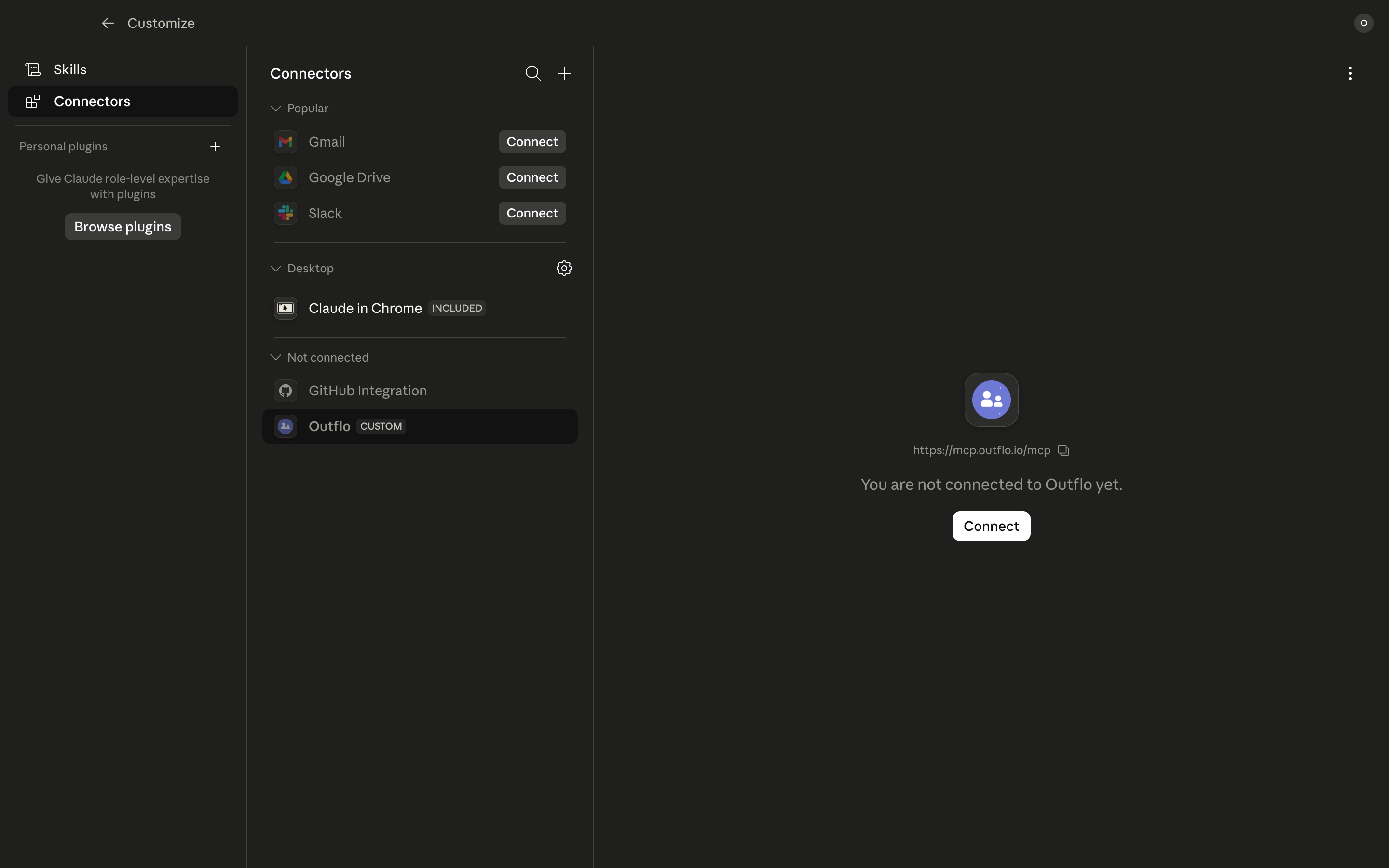 Claude.ai Connectors list showing OutFlo