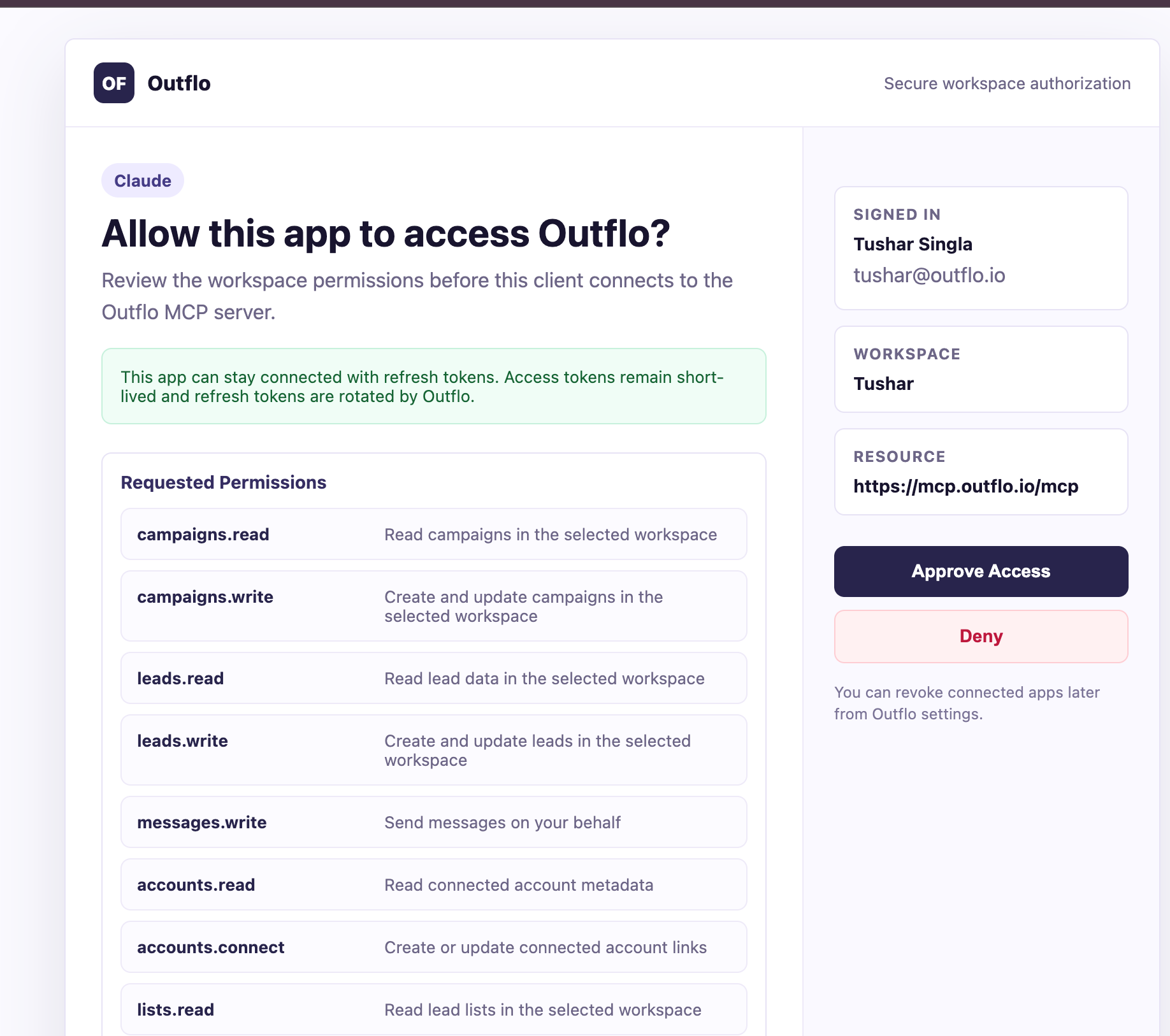 OutFlo workspace authorization consent page