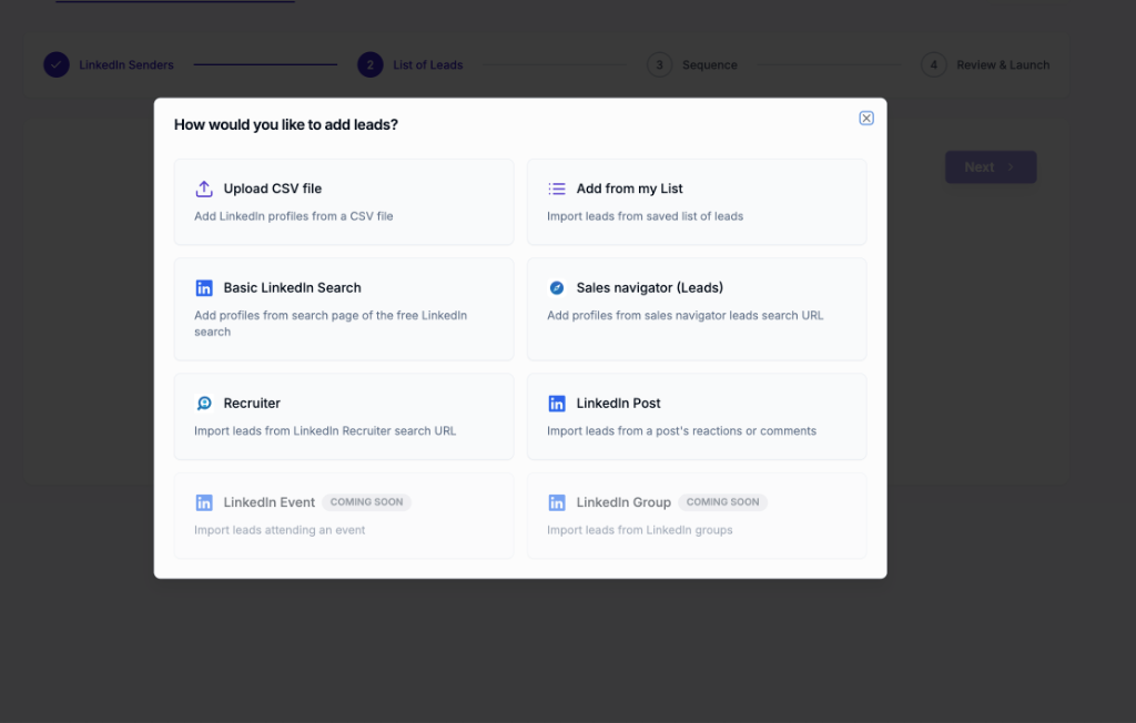 How would you like to add leads? Modal