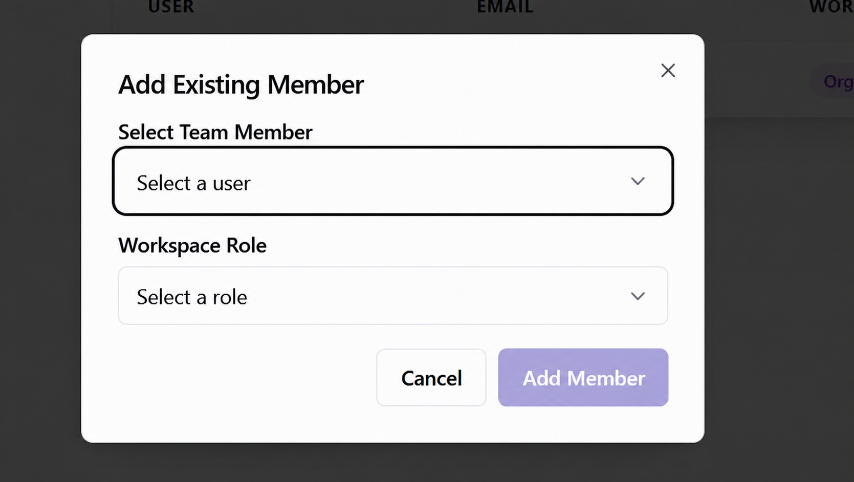 Add Existing Member dialog with team member and role selectors