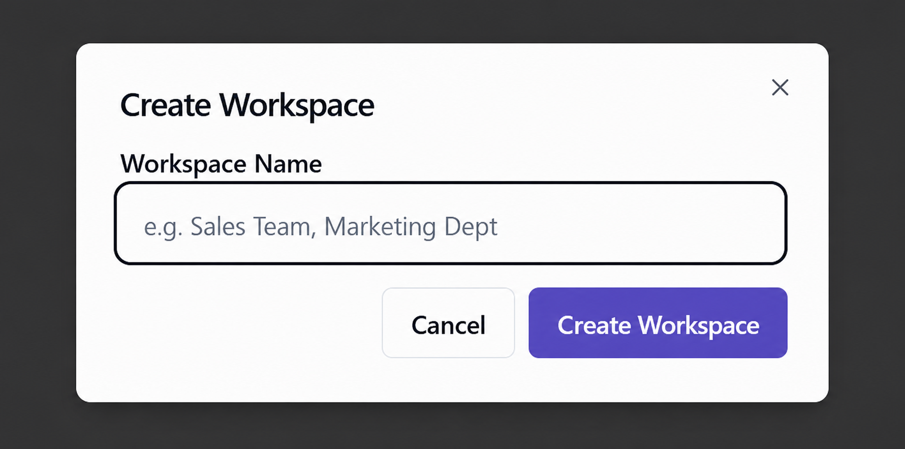 Create Workspace dialog with a sample workspace name field