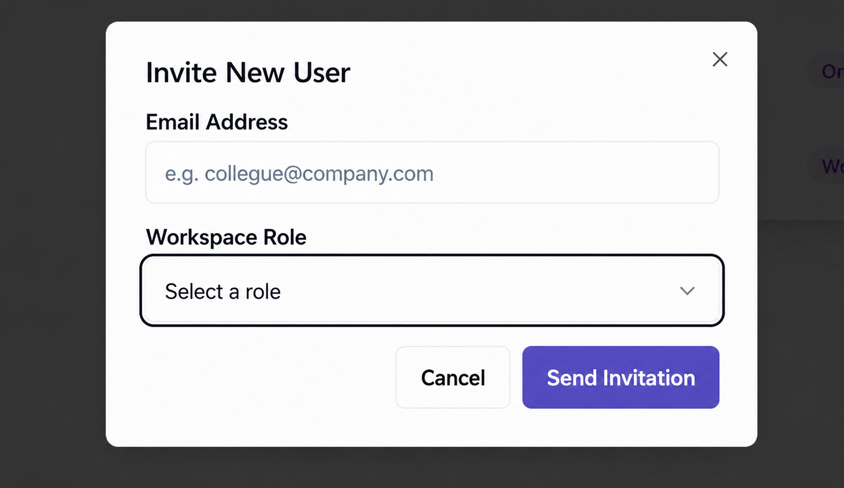 Invite New User dialog with email and workspace role fields