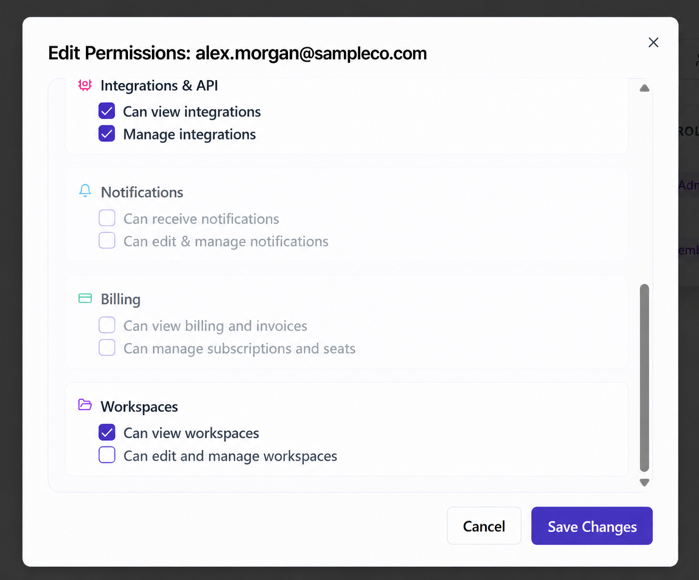 Lower section of Edit Permissions showing integrations, notifications, billing, and workspaces