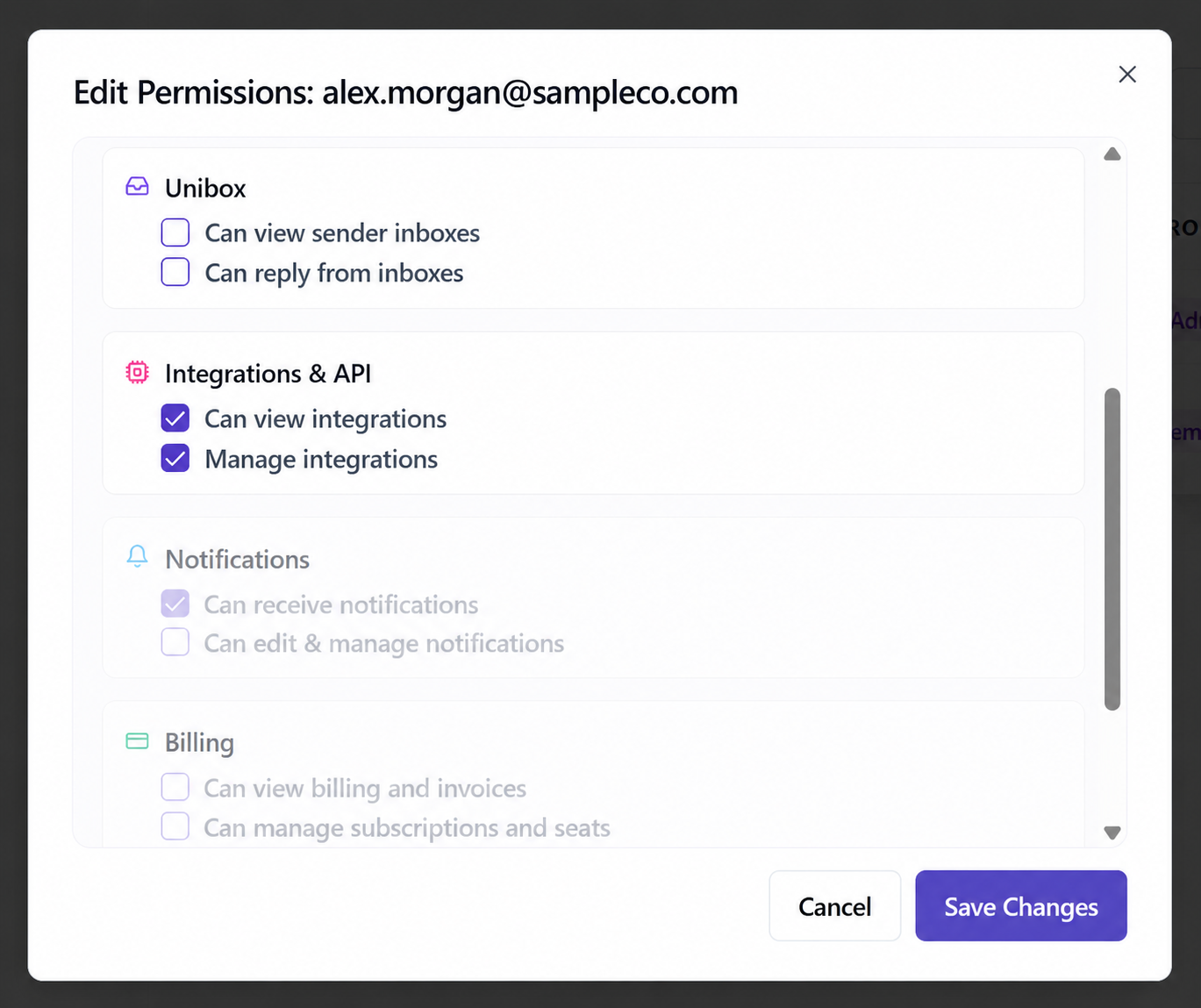 Edit Permissions panel showing Unibox, integrations, notifications, and billing controls
