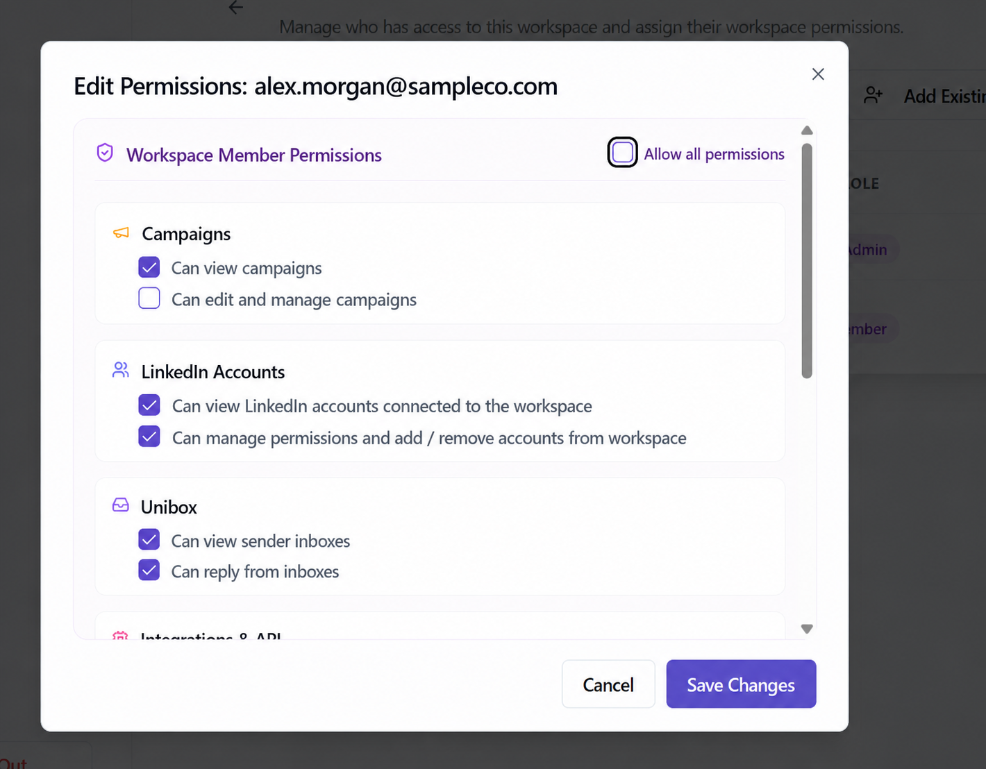 Top of the Edit Permissions panel showing Allow all permissions and core access areas
