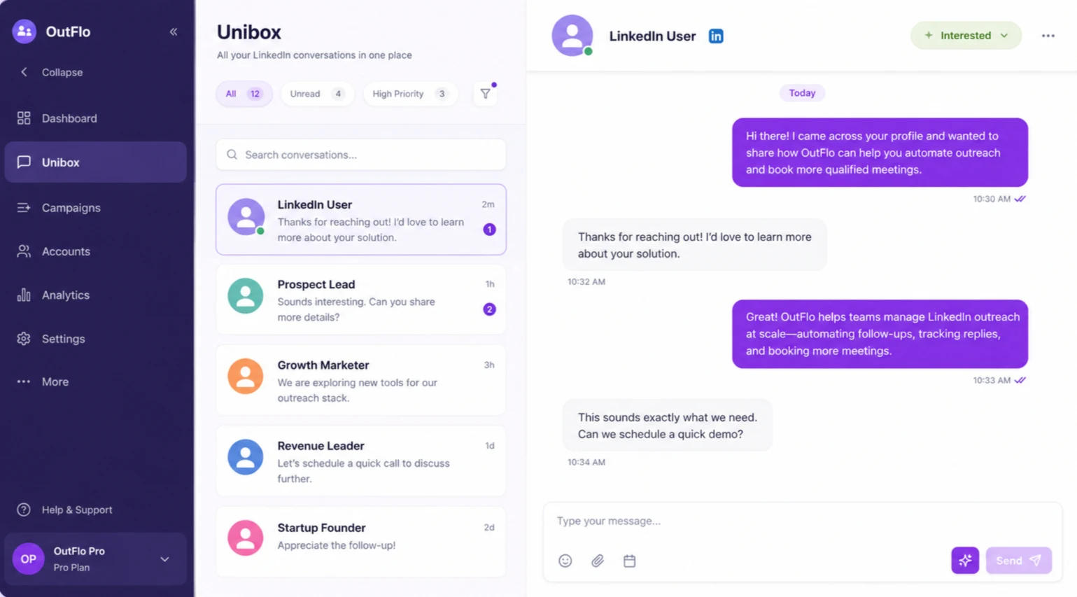 OutFlo Unibox showing real multi-account LinkedIn conversations