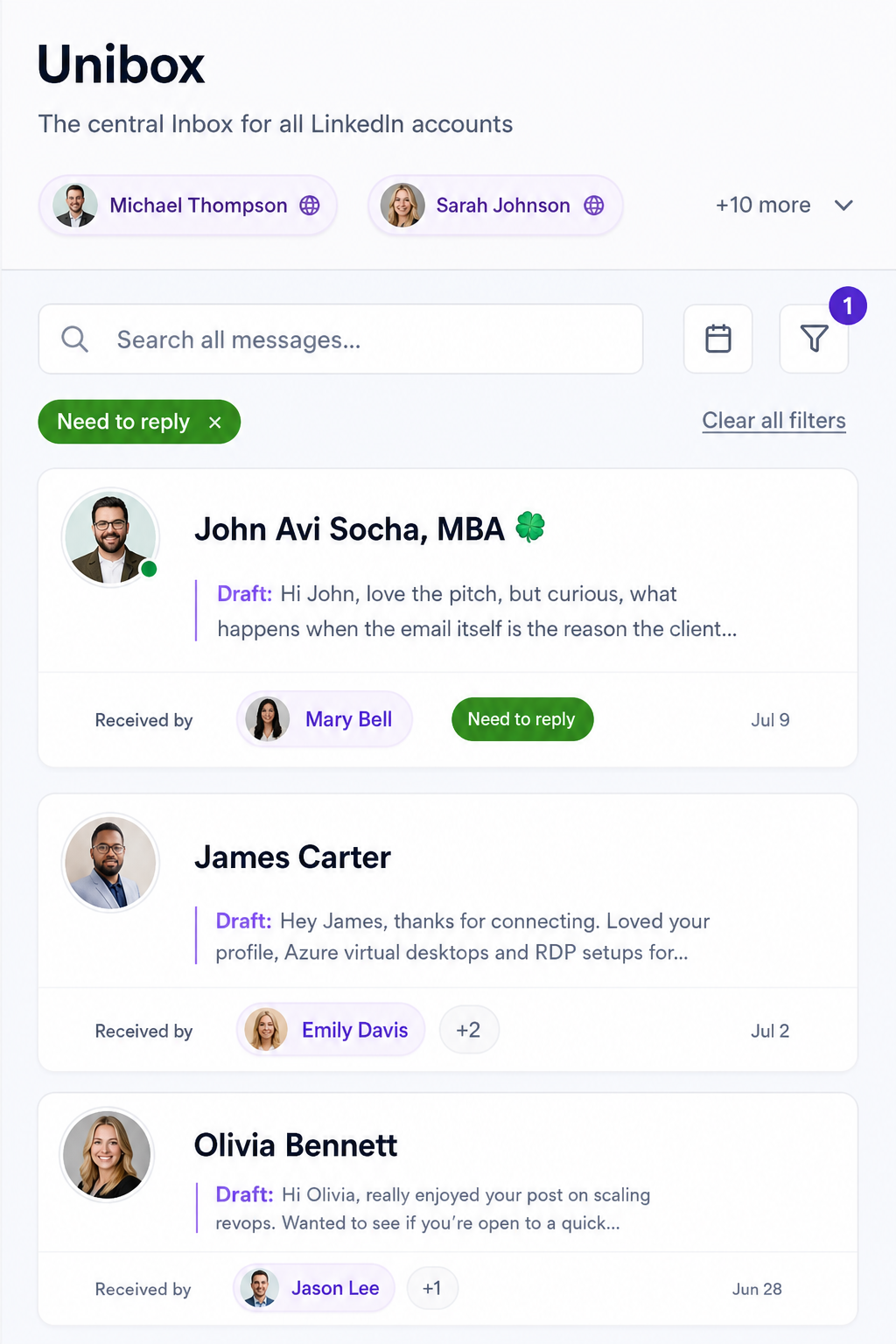 OutFlo Unified Smart Inbox showing conversations from multiple LinkedIn accounts