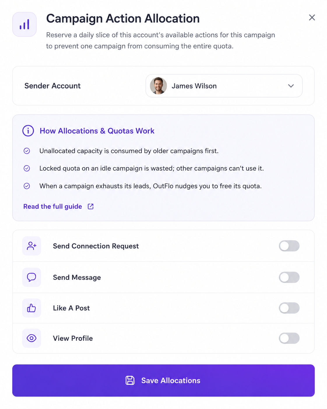 OutFlo LinkedIn sender allocation controls