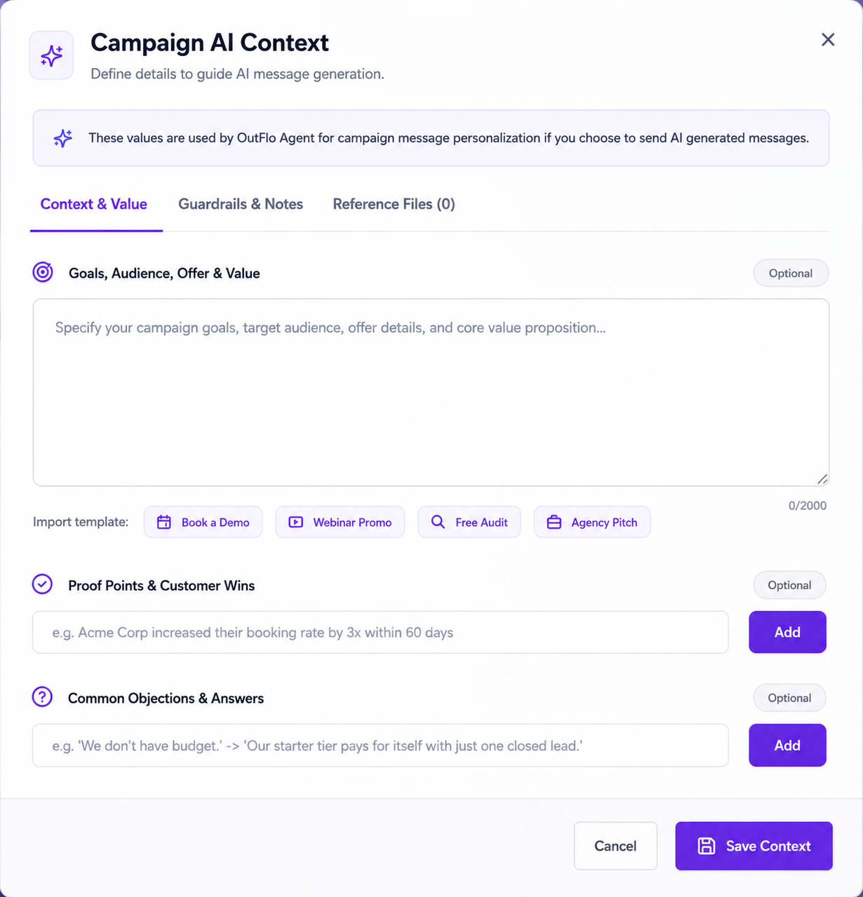 OutFlo campaign goal and send-time AI generation