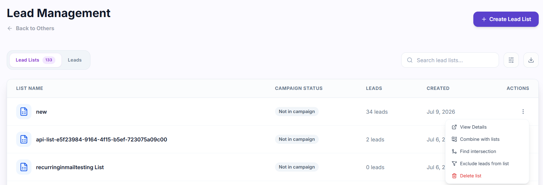 OutFlo lead list controls