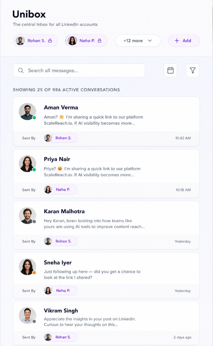 OutFlo Unified Smart Inbox showing conversations from several LinkedIn sender identities